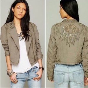 Free people linen crop lace moto jacket in green